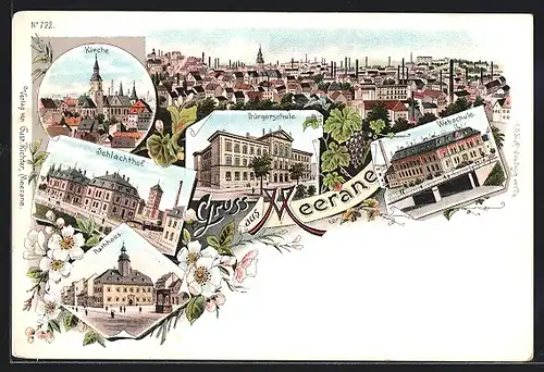 Lithographie Meerane, Webschule, Schlachthof, Ortsansicht