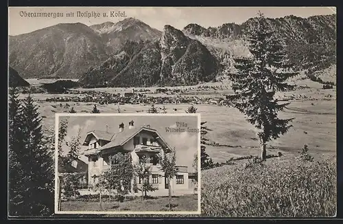 AK Oberammergau, Hotel Villa W. Lang, Ortsansicht mit Notspitze und Kofel