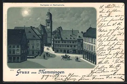 Lithographie Memmingen, Marktplatz mit Martinskirche