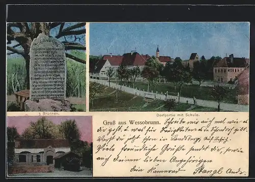 AK Wessobrunn, Dorfpartie mit Schule, 3 Brunnen