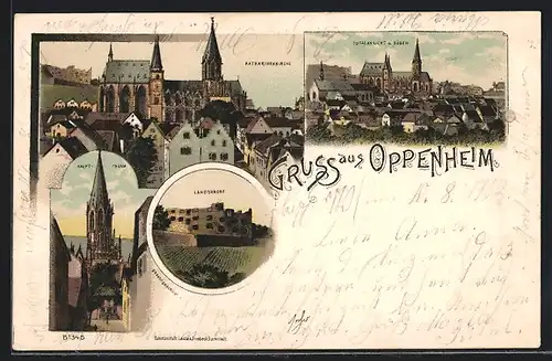 Lithographie Oppenheim, Landskrone, Katharinenkirche, Hauptturm