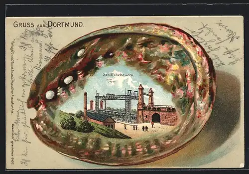 Passepartout-Lithographie Dortmund, Schiffshebewerk mit Passanten