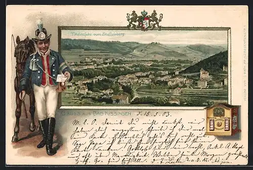 Passepartout-Lithographie Bad Kissingen, Totalansicht vom Staffelsberg, Postbote mit seinem Pferd, Wappen