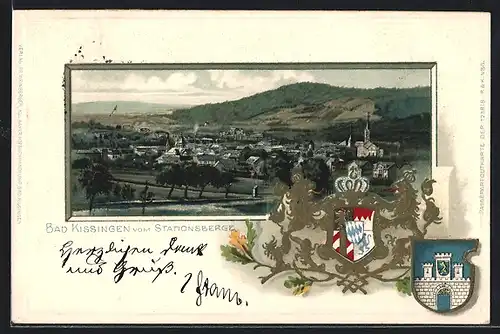 Passepartout-Lithographie Bad Kissingen, Teilansicht vom Stationsberge aus gesehen, Wappen