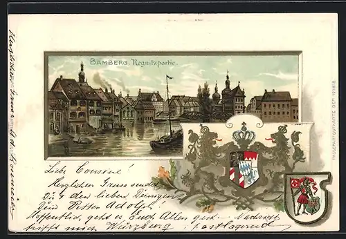Passepartout-Lithographie Bamberg, Regnitzpartie, Wappen