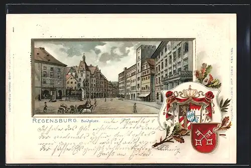 Passepartout-Lithographie Regensburg, Partie am Haidplatz mit Wappen