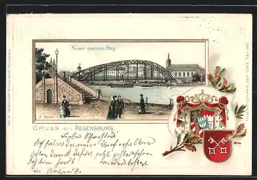 Passepartout-Lithographie Regensburg, Neuer eiserner Steg mit Kirche, Wappen