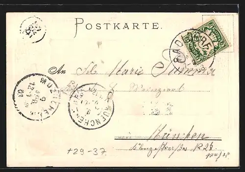 Passepartout-Lithographie Regensburg, Neuer eiserner Steg mit Kirche, Wappen