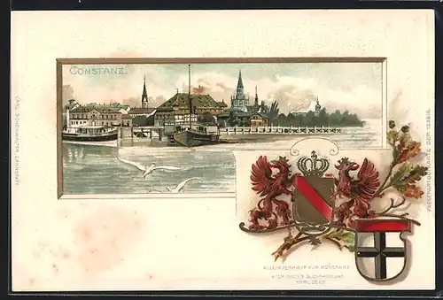 Passepartout-Lithographie Constanz, Teilansicht mit Hafen, Wappen