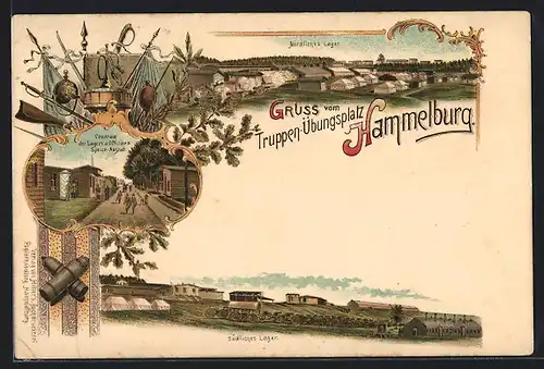 Lithographie Hammelburg, Truppen-Übungsplatz, Südliches Lager, Nördliches Lager, Centrale und Offiziers Speise-Anstalt
