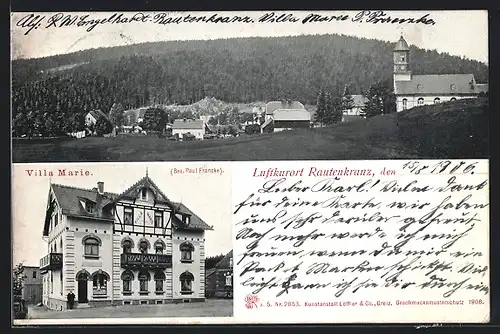 AK Rautenkranz, Hotel Villa Marie, Teilansicht mit Kirche