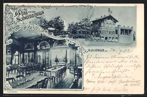 AK Mönchengladbach, Gasthof Schweizerhaus, Innen- und Aussenansicht