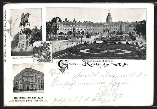 AK Karlsruhe, Gasthaus Lehlbach zur fröhlichen Pfalz, Sofienstrasse 71, Grossherzogl. Schloss