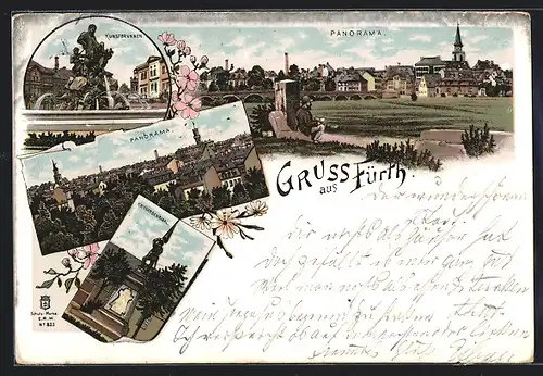 Lithographie Fürth, Panorama, Kunstbrunnen, Kriegerdenkmal