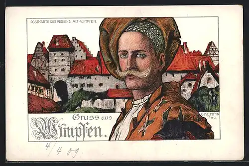 Künstler-AK Wimpfen, Mann in altertümlicher Tracht vor Ortspartie