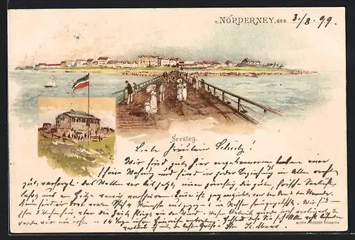 Lithographie Norderney, Seesteg mit Blick zum Ort