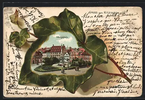 Passepartout-Lithographie Kitzingen, Königsplatz im Efeublatt, Wappen