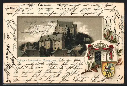 Passepartout-Lithographie Marburg, Schloss und Landgericht, Wappen