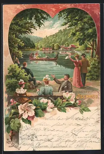 Lithographie Isenach, Forsthaus Isenach, Bootspartie