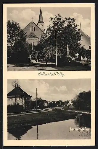 AK Wallersdorf / Ndby., Kirche und Kriegerdenkmal, Strassenpartie am Fluss