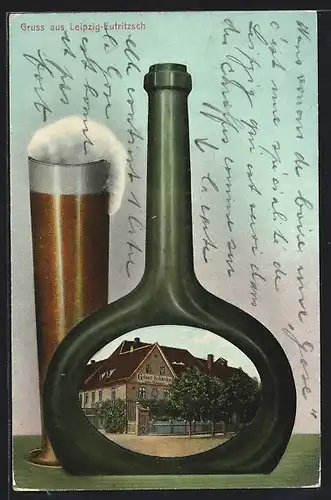 Grusskarten-AK Leipzig-Eutritzsch, Ortspartie mit Gosen-Schänke in einer Gose-Flasche