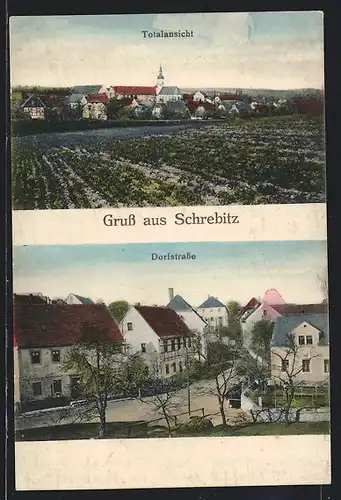 AK Schrebitz, Totalansicht, Dorfstrasse mit Bäumen