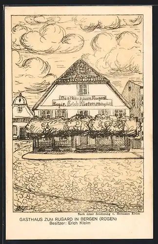 Künstler-AK Bergen / Rügen, Gasthaus zum Rugard von Erich Kleim