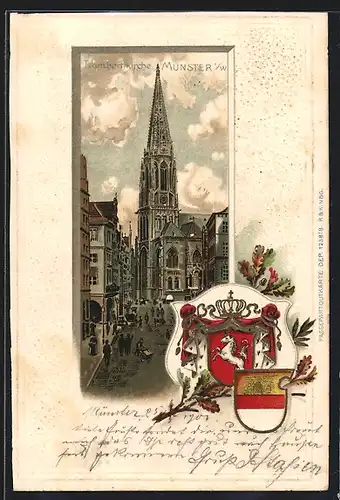 Passepartout-Lithographie Münster i. W., Lambertikirche mit Wappen