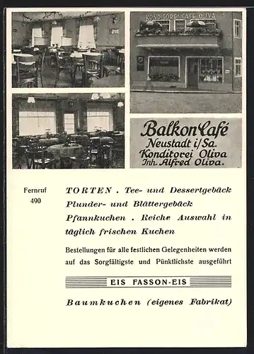 AK Neustadt / Sachsen, Konditorei Balkon-Café, Aussen- und Innenansichten, Inh. Alfred Oliva