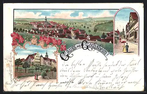 Lithographie Gochsheim, Gesamtansicht, Strassenpartie, Altes Schloss