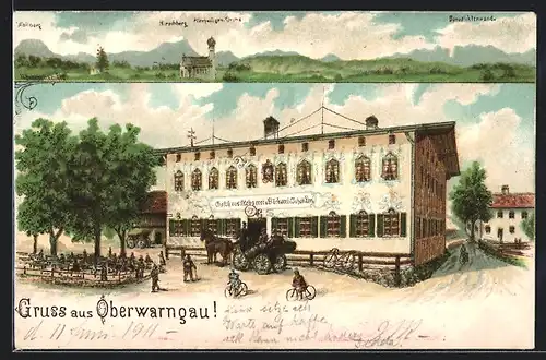 Lithographie Oberwarngau, Gasthaus u. Metzgerei, Allerheiligen-Kirche mit Wallberg, Pferdekutsche, Radfahrer