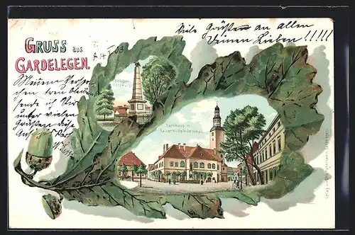 Passepartout-Lithographie Gardelegen, Rathaus mit Kaiser Wilhelm Denkmal, Kriegerdenkmal, Eichenblatt