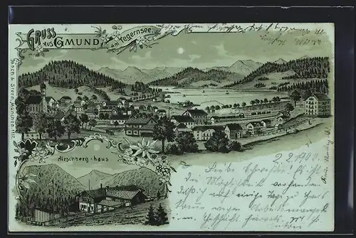 Lithographie Gmund, Hirschberg-Haus, Teilansicht mit Tegernsee