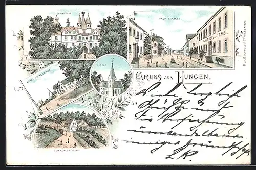 Lithographie Hungen, Schlosshof, Hauptstrasse, Hôtel Solmser Hof, Kirche, Gasthaus Zum Kühlen Grund