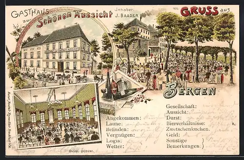 Lithographie Bergen, Gasthaus zur Schönen Aussicht, Weinflaschen-Stilleben