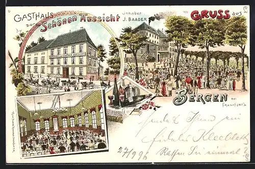 Lithographie Frankfurt-Bergen, Gasthaus zur Schönen Aussicht von J. Baader