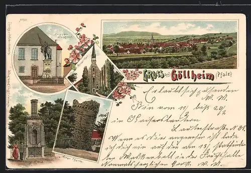 Lithographie Göllheim, Gesamtansicht, Kriegerdenkmal, Alter Thurm, König Kreuz