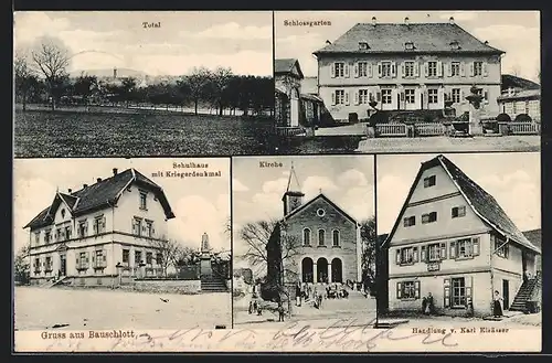 AK Bauschlott, Totalansicht, Schlossgarten, Schulhaus mit Kriegerdenkmal, Kirche