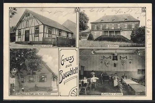AK Bauschlott, Gasthaus zur Linde, Saalbau, Schloss