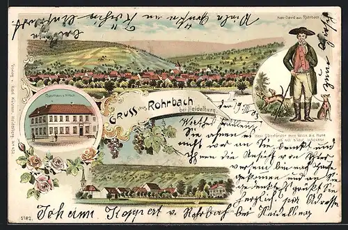 Lithographie Rohrbach bei Heidelberg, Gasthaus zum Hirsch, Gesamtansicht, Han-David