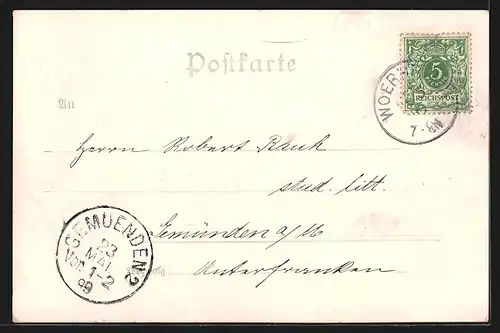 Lithographie Wörrstadt, Hohere Bürgerschule, Amtsgericht, Neunröhrenbrunnen, Totalansicht