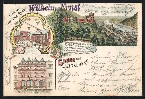 Lithographie Heidelberg, Gasthaus zur Gold. Rose, Gesamtansicht