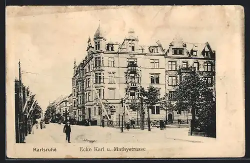 AK Karlsruhe, Karlstrasse Ecke Mathystrasse, Wohnhäuser