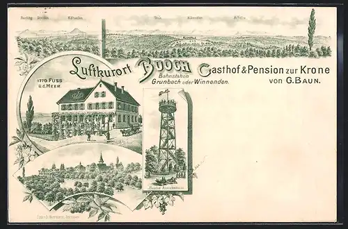 Lithographie Buoch, Gasthof und Pension zur Krone, Aussichtsturm