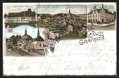 Lithographie Gräfrath, Erziehungs-Anstalt, Kaiserliche Post, Markt