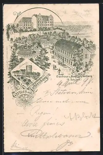 Lithographie Lichtenberg i. O., Gasthaus Burg Lichtenberg von G. Schanz, Bollwerk