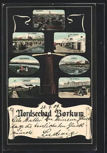 AK Borkum /Nordsee, Am Strand, Upholm, Leuchtturm, Panorama