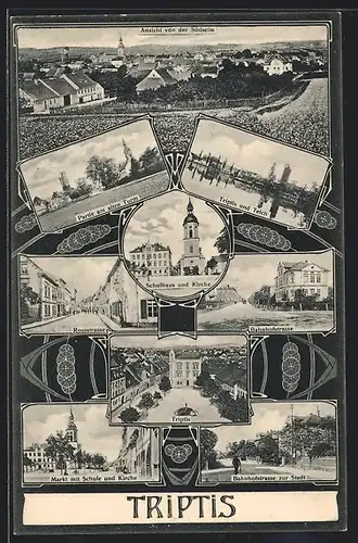 AK Triptis, Rossstrasse, Schulhaus und Kirche, Bahnhofstrasse, Markt