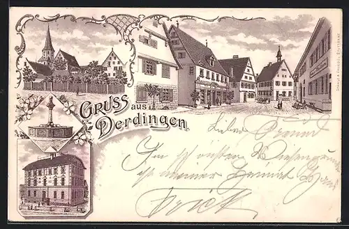 Lithographie Derdingen, Gasthaus Waldhorn, Brunnen, Kirche, Geschäftshaus