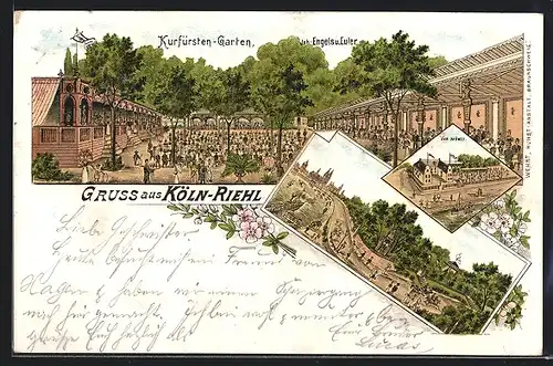 Lithographie Köln-Riehl, Kurfürsten-Garten, Gasthaus Zur Münze